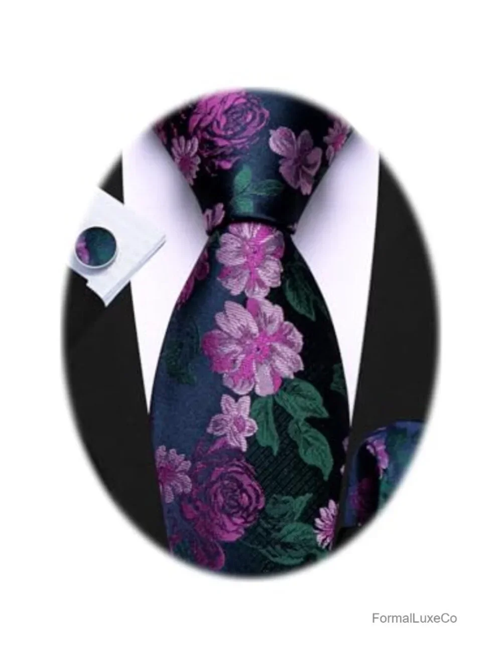 Men's Silk Tie Cufflinks Pocket Square Set Floral (No colors)